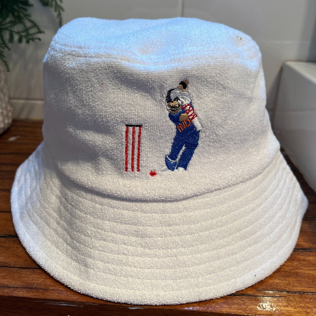 The Kohli Cover Drive White Terry Bucket Hat Dadi Cools